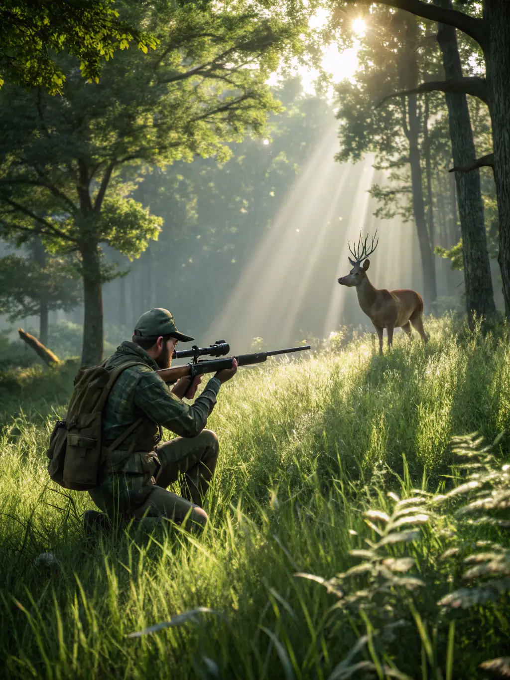 A picture of a group of hunters participating in a deer stalking activity in a forest.